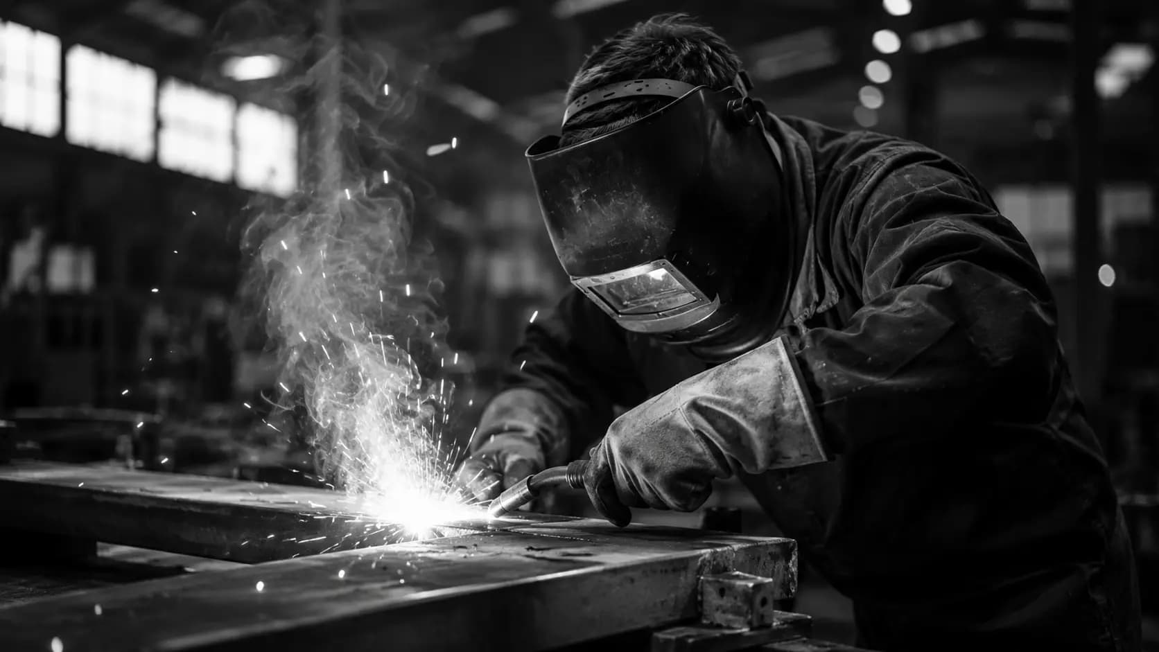 Soldador trabajando en planta industrial